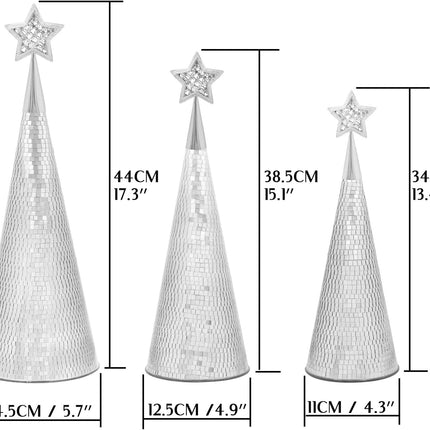 Silver Glass Trees Set of 6, 17" 15" 13" Small Tabletop Christmas Tree Handmade Disco Decor for Xmas Table Party Centerpiece Decoration