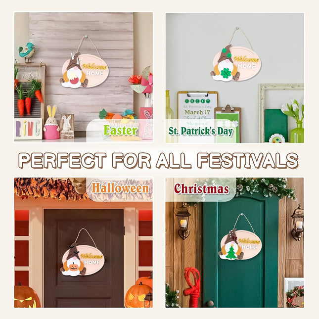 DN DECONATION 37Pcs Interchangeable Gnome Welcome Home Sign for Front Door Porch Decor,Wood Christmas Hanging Wreath,12 Them Seasonal Xmas Holiday Decoration with 36 Magnet Pieces,House Warming