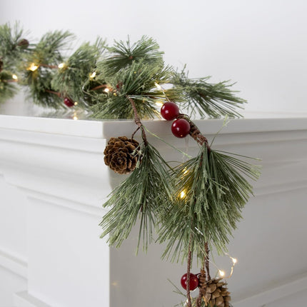 Christmas Garlands with Lights 6.5 Feet Christmas Garland for Mantle Realistic Pine Garland with Pine Cone and Red Berries for Year Indoor Outdoor Ornaments