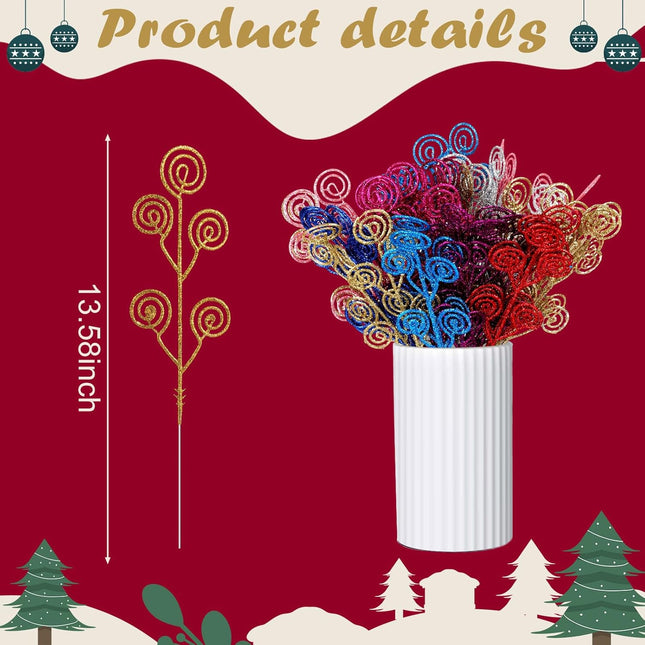 Suzile 96 Pcs Christmas Tree Decoration Candy Shape Curly Picks 12'' Artificial Glitter Stem Ornaments Glittery for DIY Crafts Xmas Tree Branches Vase Fillers (Multicolor)