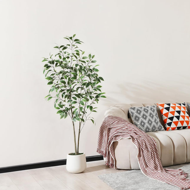Artificial Ficus Tree, 5FT Fake Silk Ficus Plant with Planter, Indoor Faux Ficus Trees Covered Lifelike Green Moss Floor Plants for Home Office Living Room Decor and Housewarming s