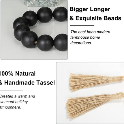 OMISHE Large Wood Bead Garland Black with 1.6" Diameter Wooden Beads and Tassels, 41" Long Rustic Farmhouse Country Wood Beads Garland for Home Tiered Tray Decor, Decorative Beads Garland Black