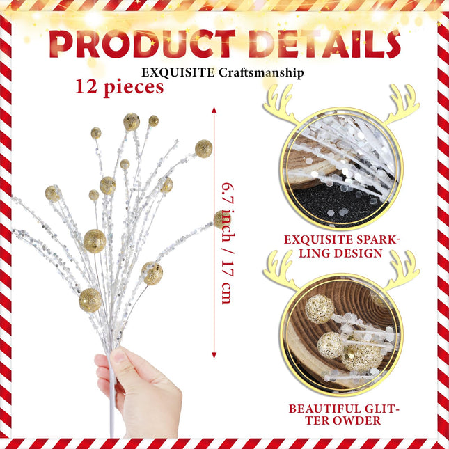 Riceshoot 10 Pcs Christmas Tree Picks 12 Inch Glitter Berry Stem Ornaments Hanging Sequins Ball Xmas Branches Large Christmas Tree Fillers Picks Toppers for Holiday Party Supplies (Champagne Gold)
