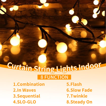 Curtain Lights Indoor Outdoor, 8.3ft 8 Modes 72 Led Globe String Lights Plug in, Window Lights for Patio Garden Wedding Party Bookshelf, Christmas Decorations, Warm White
