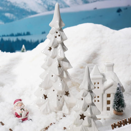 DN DECONATION White Ceramic Christmas Tree That Light Up, 2Pcs Porcelain Christmas Tree with Lights, Stars and Dots Cutouts Prelit Tabletop Xmas Tree Figurines, Modern Christmas Decor,