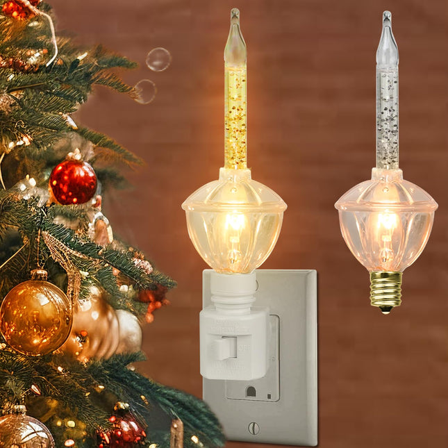 Christmas Bubble Light Night Lights, 2 Vintage Clear Bubble Light Bulb with Silver Glitter and Gold Glitter Fluid 5W C7/ E12 Candelabra Base, 1 Pack
