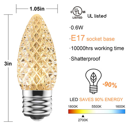 C9 Led Replacement Christmas Light Bulbs, 50-Pack C9 Shatterproof Led Bulbs with E17 Candelabra Base for Christmas String Lights, Waterproof & Dimmable Christmas Village Bulbs - Warm White