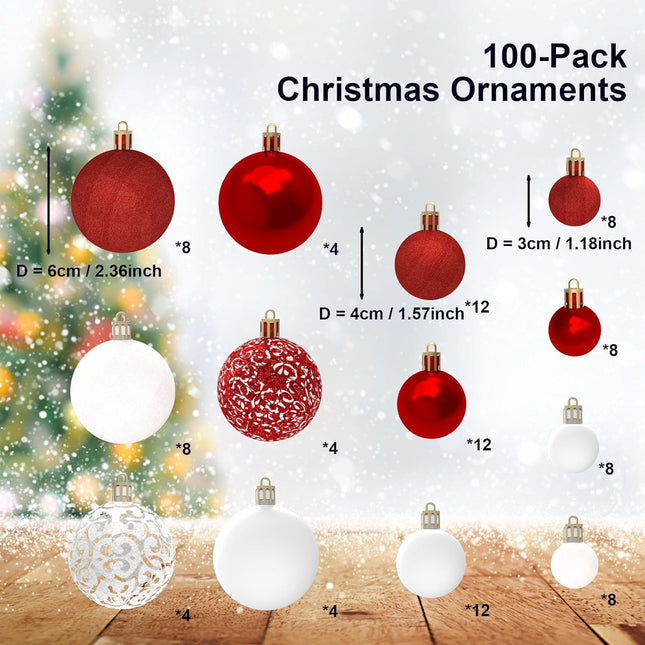 Christmas Ornaments Set, 100ct Red and White Christmas Balls Decoration Set, Shatterproof Hanging Plastic Christmas Ball Ornament for Xmas Tree Holiday Decor