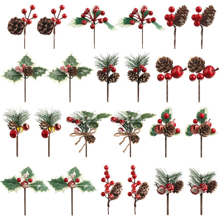 24 Pcs Artificial Christmas Pine Picks Christmas Berries Artificial Stem with Pinecones Apples Bells Christmas Flower Picks for Christmas Tree Wreath Arrangement Winter Holiday Decor