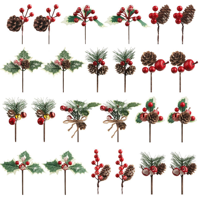 24 Pcs Artificial Christmas Pine Picks Christmas Berries Artificial Stem with Pinecones Apples Bells Christmas Flower Picks for Christmas Tree Wreath Arrangement Winter Holiday Decor
