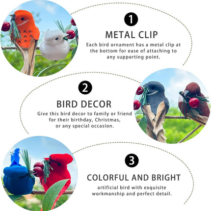 LWINGFLYER 12PCS Christmas Tree Ornaments Clip on Birds Artificial Feathered Foam Birds with Red Berries for Christmas Tree Decoration Wreath Crafts Home Decor