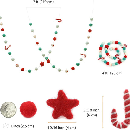 Glaciart One Stars and Candies Felt Ball Garland - Pompom Holiday Decoration Hand-Made from Natural Wool - Cute Hanging Decor for Christmas Tree, Kids Bedroom, Living Room, Nursery - 7 Feet Long