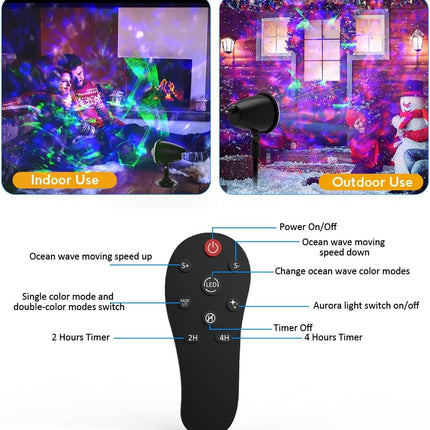 Outdoor Halloween Christmas Lights Projector,2 in 1 Water Wave Laser Aurora Holiday Spotlight with Remote Control,Waterproof LED Landscape Light for Wedding Party Garden Landscape Wall Tree Decoration