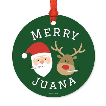 Andaz Press Marijuana Pot Cannabis Weed Round Metal Christmas Ornaments, Merry Juana Reindeer Smoking Pot Cigarette, Includes Ribbon and Bag, Stoned Stoner Weed Christmas Ornaments