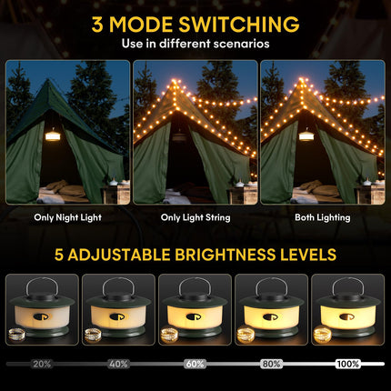 Hokone Camping String Lights,Rechargeable Camping Lights String with 4 Lighting Modes,Waterproof LED Hanging Camping Tent Light,USB String Lights Outdoor for Halloween,Christmas(1-Pack)