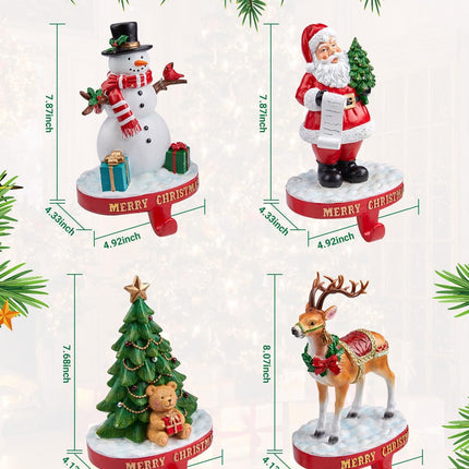 Minetom Christmas Stocking Holders for Mantle Set of 4, 3D Resin Tree Reindeer Snowman and Santa Claus Stocking Hangers, Home Xmas Decorations for Fireplace Mantel Table Garland