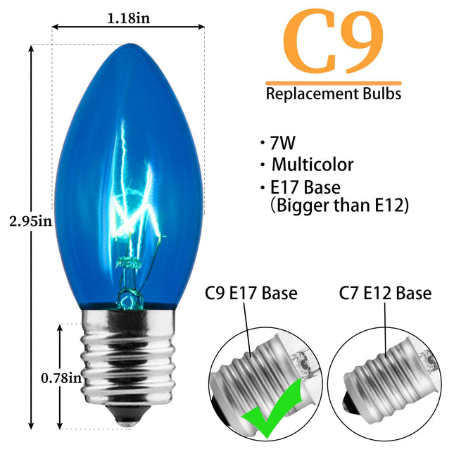 C9 Bulbs Replacement Bulbs Incandescent 25 Pack, C9 Christmas Light Replacement Bulbs for Christmas String Light, E17 Intermediate Base, 7 Watt, Multicolor