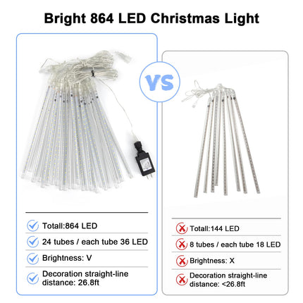 Christmas Lights Outdoor,24 Tubes 864 LED Meteor Shower Lights Outdoor 12Inch, Waterproof Icicle Lights Outdoor Christmas Decorations for Xmas Tree Yard Party, UL Plug, Blue