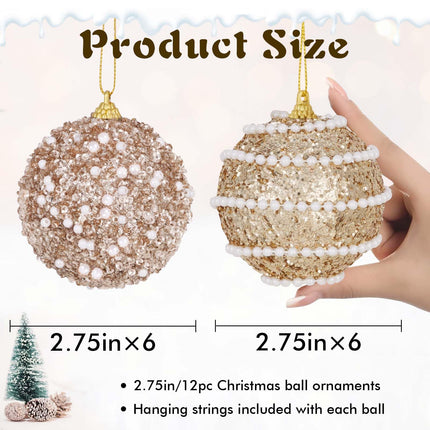 12Pcs Christmas Ball Ornaments, Champagne Christmas Ornaments, Christmas Tree Decorations, Shatterproof Christmas Ornaments Set, 70MM Glittering Pearl Decor for Christmas Tree Xmas Party Holiday