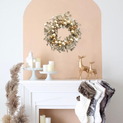 TEMPUS 20" Christmas Ball Wreath Golden Ornament Wreath Decoration for Christmas Festival Celebration Front Door Home Party Decors Shatterproof Hanging Ornament Wreath