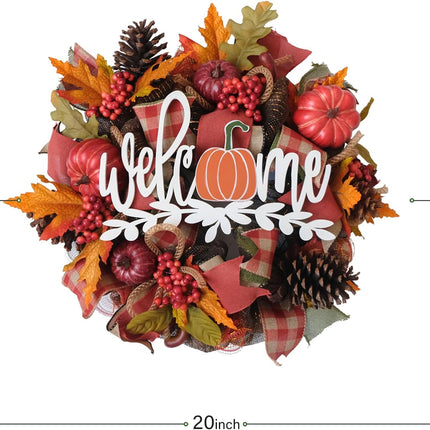 TEMPUS 16" Artificial Maple Leaf Mesh Wreath Fall Pumpkin Welcome Sign Wreaths for Front Door Autumn Harvest Thanksgiving Decoration Home Indoor Outdoor Decor