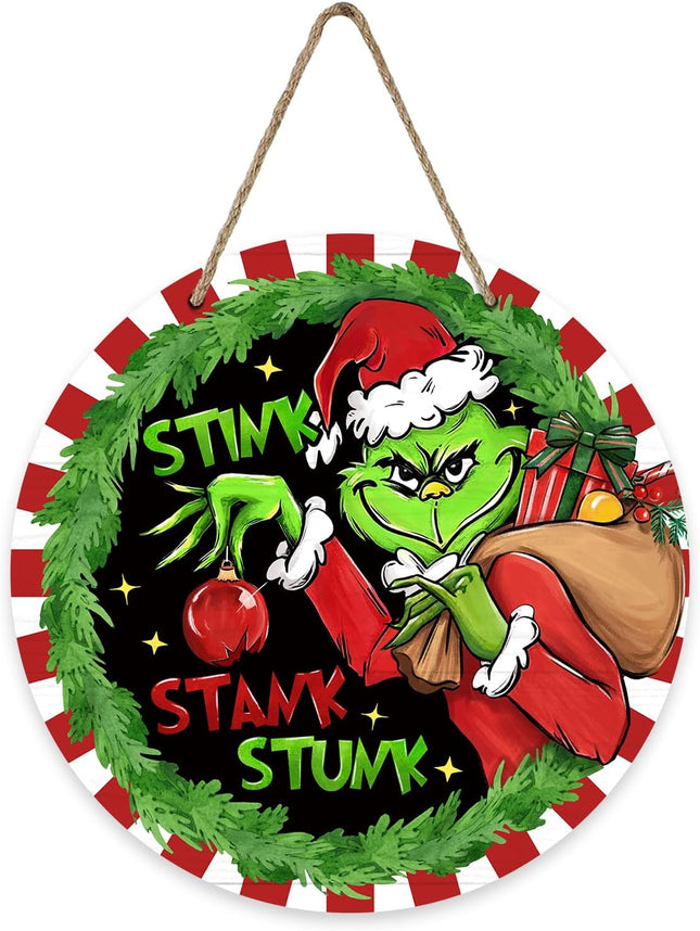 Deroro Christmas Stink Stank Stunk Front Door Sign, Xmas Green Wood Door Hanger Outdoor Outside Porch Decor, Red Stripes Holiday Wooden Wreath Indoor Wall Hanging Decoration