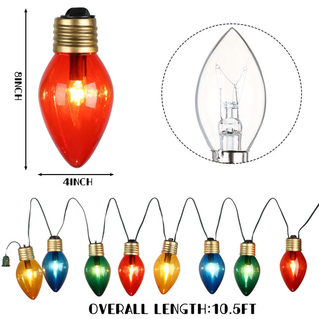 1 Roll Vintage Giant Christmas Lights 8" Jumbo Xmas String Lights with 8 Colorful Bulbs Multicolor C7 Light 10.5 ft Outdoor Christmas Light C7 Large Outdoor String Light for Indoor Outdoor Christmas