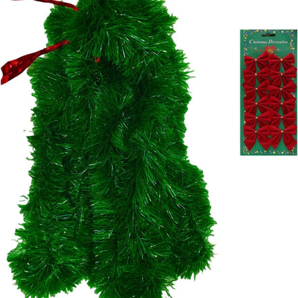 50 Feet Christmas Garland Decoration, ENLAYER 6 Inch Width Soft Green Holiday Decor for Holiday Happy Year Party Tree Home Office Event with 12 Red Bow Tie(6Inch,1PCS)
