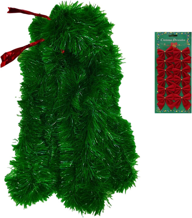 50 Feet Christmas Garland Decoration, ENLAYER 6 Inch Width Soft Green Holiday Decor for Holiday Happy Year Party Tree Home Office Event with 12 Red Bow Tie(6Inch,1PCS)