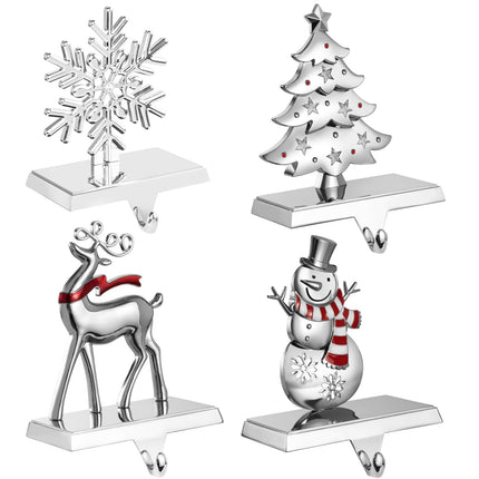4 Pack Snowflake Christmas Stocking Holder Set for Mantle Christmas Decorations Holiday Mantle Fireplace Topper - Snowflake Snowman Reindeer and Christmas Tree Hangers Decorative Metal Hanger
