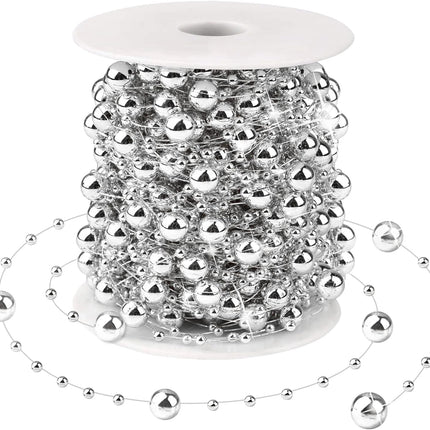 Christmas Tree Beads Garland Decorations - 66Ft Strands Chain Pearls Beads String for DIY Christmas Tree Wreath, Xmas Decor Beaded Garlands for Stairs Fireplace Wedding Holiday Party (Silver)