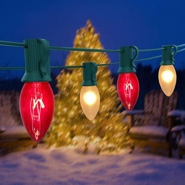 Abeja 25Ft Christmas Lights Outdoor, C9 Clear Red/Frosted White Christmas Lights with 26 Colored Ceramic Incandescent Bulbs, Vintage Christmas Lights for Christmas Party Backyard Decoration