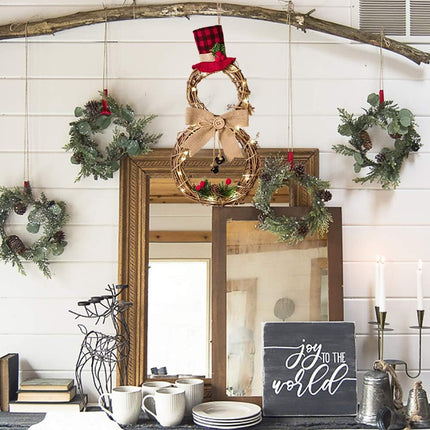 DearHouse 16 x 8 Inch Lighted Christmas Wreath Decoration, Grapevine Wreath with Hat and Bow Snowman Shape Wreath for Front Door Home Garden Wall Decor