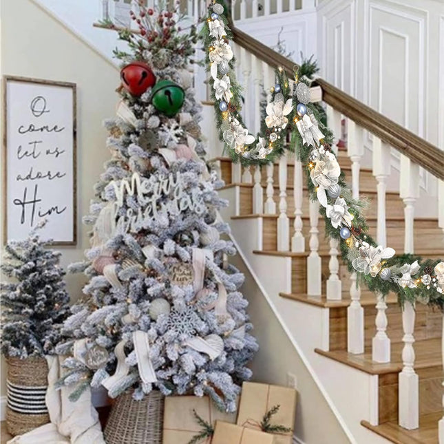 Pre-lit 6 feet Winter White Silver Christmas Garland Decor 20 LED Lights,Garland with Balls and Ribbon Bow,Xmas Decoration on Mantle Fireplace Front Door Indoor Outdoor,Battery Operated