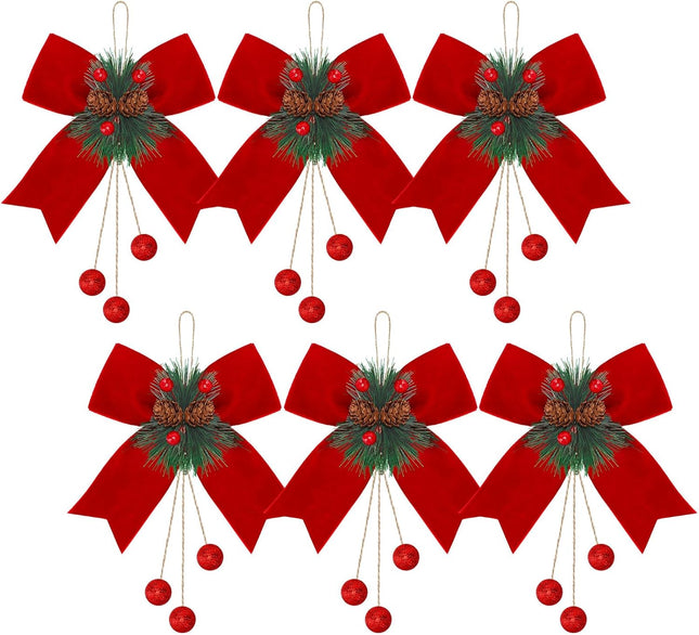 Duraaamo 6 Pcs Large Velvet Christmas Wreath Bow with Pine Cones and Hanging Beads 5.9 x 7.9 Inch Vintage Velvet Ribbon Bows Christmas Decorative Bows for Christmas Tree Xmas Garland Decor(Wine Red)