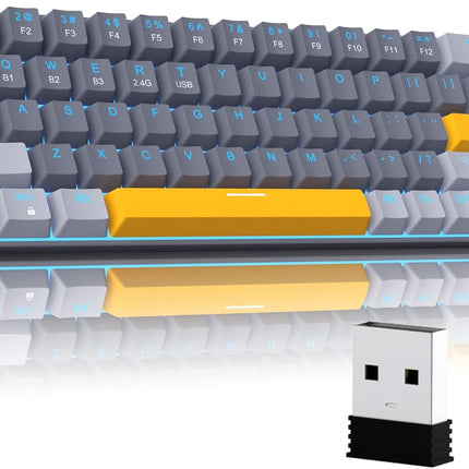 Wireless 60% Mechanical Gaming Keyboard, 3 Connection Mode Keyboard with Clicky Blue Switches, Portabl Compact Black&Grey Keyboard,68 Keys Mini Keyboard for Mac/Windows,Gamer,Typist,Travel,Trip