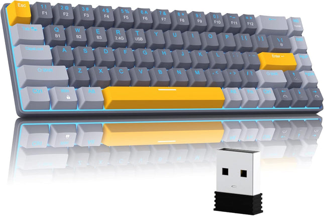 Wireless 60% Mechanical Gaming Keyboard, 3 Connection Mode Keyboard with Clicky Blue Switches, Portabl Compact Black&Grey Keyboard,68 Keys Mini Keyboard for Mac/Windows,Gamer,Typist,Travel,Trip