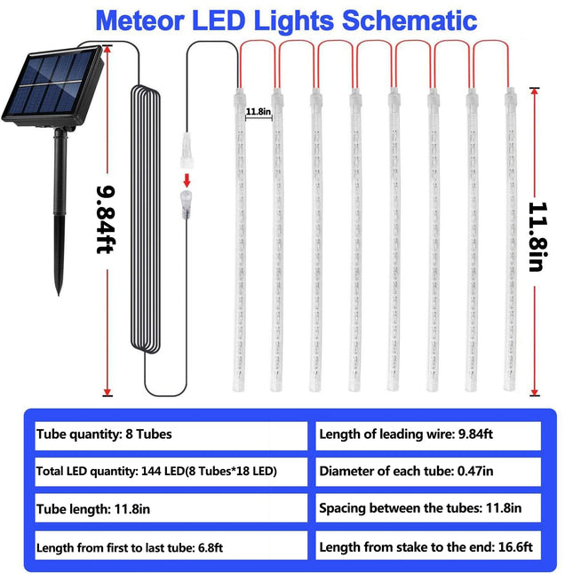 YEGUO Solar Christmas Lights Outdoor, 8 Tubes 144 LED Meteor Shower Lights, Falling Rain Lights for Holiday Roof Xmas Decor (White)