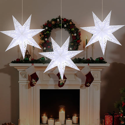 Kingdder Star Paper Lanterns Paper Lampshade with LED Light Paper Lantern Moroccan Paper Stars 7 Pointed White Hollow Out Party Paper Star Decoration for Weddings Christmas Tree Birthday (20 Inch)