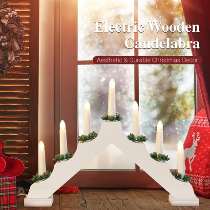 Lewondr Christmas Swedish Candelabra, Electric Candles with 7 Flameless Taper Candles, USB Powered Wooden Candle Bridge Light with Pine Needles, Decorative Xmas Candle Lights for Windows Wedding,White