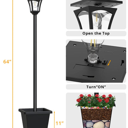 Solar Lamp Post Light, 64" Solar Lights Outdoor Waterproof IP65, Glass Post Lamp Solar Lights with Planter, Anti-Rust Outdoor Lights for Garden Yard Patio Decoration, Warm White