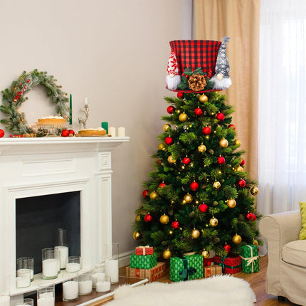 Christmas Tree Topper, Red and Black Buffalo Plaid Top Hat Christmas Tree Decorations Santa Gnome Ornaments Large Christmas Hat Tree Toppers Decor for X'Mas Home Party Supplies Festive Xmas Idea