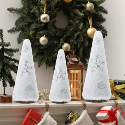 Zubebe Set of 3 Plush Christmas Tree Figurine, Tabletop Farmhouse Rustic Tree Figurine Christmas Boho Plush Tree Centerpieces with Snowflakes for Christmas Entryway Decor, Winter Home Decor(White)