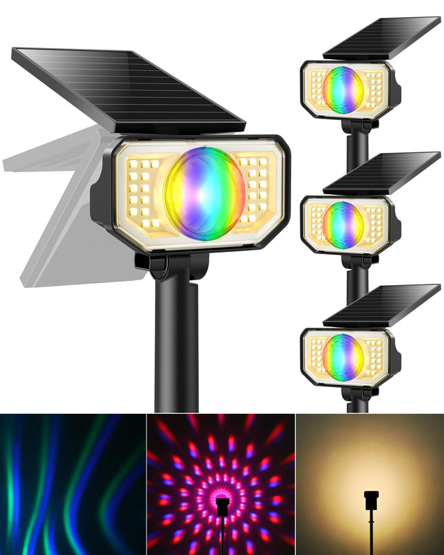 Solar Spot Lights Outdoor, Spotlights Waterproof with 2 Detachable Lens, Dusk-to-Dawn Solar Wall Lights Pathway Lights for Yard, Garden, Patio, Outside Landscape, Christmas, 4 Pack, Warm&RGB