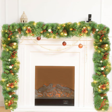Aokia 9FT Pine Christmas Garland with 50LED Ligths,Pre-Lit Lighted Garland Decorated with Pine Cones,Red Berry Pine Cones and Ball Ornaments for Indoor Home Winter Holiday Year Xmas Decorations