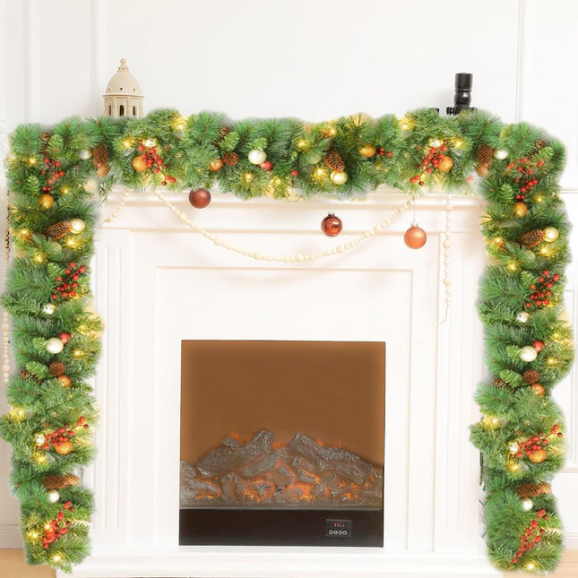Aokia 9FT Pine Christmas Garland with 50LED Ligths,Pre-Lit Lighted Garland Decorated with Pine Cones,Red Berry Pine Cones and Ball Ornaments for Indoor Home Winter Holiday Year Xmas Decorations