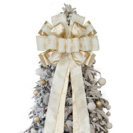 Champagne/White Christmas Tree Topper Bow, 53"x 13" Large Handmade Decorative Bows with Long Streamer Glitter Snowflake Wired Ribbon for Christmas Tree Home Decoration