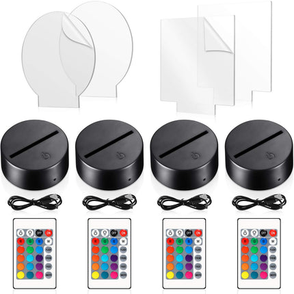 Honoson 4 Pcs 3D Night LED Light Lamp Base with 4 Pcs Acrylic Glass Panel Remote Control USB Cable 16 Colors Lamp Light Display Base Show Stand for Christmas Room Restaurant Bar Shop (Black Style)