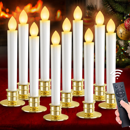 Christmas Window Candles Lights: 10 Pack Flameless Candles Christmas Decorations Taper LED Battery Operated Candles with Remote Control Timer Gold Candle Holders for Window Decor Party Table Top