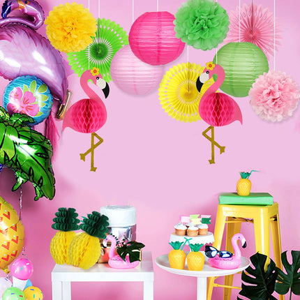 YUNXUAN Flamingo Party Supplies Hawaiian Party Decorations Flamingo and Pineapple Honeycomb Ball Paper Lanterns Paper Fans Pom poms Flowers for Birthday Luau Tropical Bachelorette Party